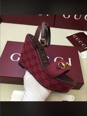 Gucci Women's Burgundy GG Canvas Platform Wedge Sandals